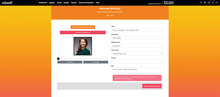 Screenshot of the profile page within the platform. On the left, are buttons to sync your profile with LinkedIn and change your profile picture. On the right, there are fields enter your title, company, objective, timezone, phone number, and bio. At the bottom is a Save button.