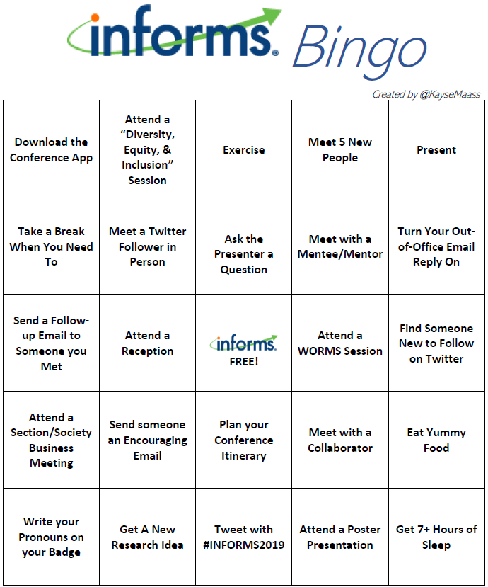 Bingo card with INFORMS 2019 activities listed